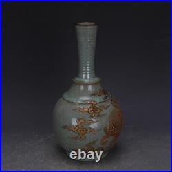 10China Ruyao Green Glaze Porcelain Carve Burn Gold Flying Elephant Grain Vase