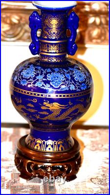 10 IMPERIAL BLUE & GOLD DRAGON VASE With EBONY PIERCED BASE