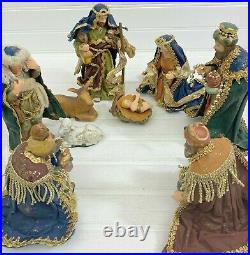 10 Piece Nativity Set Porcelain and Fabric Figurines Gold Ribbon Glitter Trim