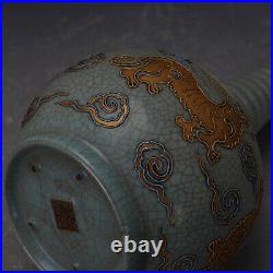 11China Ruyao Green Glaze Porcelain Carve Add Color Burn Gold Kylin Grain Vase