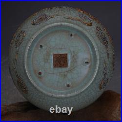 11China Ruyao Green Glaze Porcelain Carve Add Color Burn Gold Kylin Grain Vase