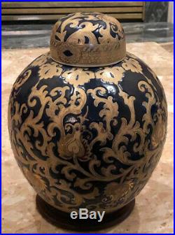 11 Vintage Navy Blue and Gold Chinese Porcelain Ginger Floral Jar Lid Wood Base