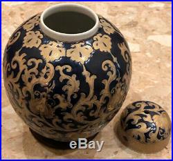 11 Vintage Navy Blue and Gold Chinese Porcelain Ginger Floral Jar Lid Wood Base