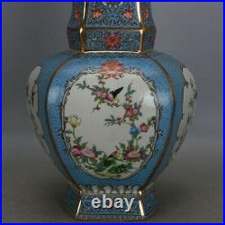 12.6 Chinese Porcelain Famille Rose Draw Gold Flowers and Birds Hexagon Vase