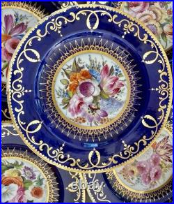 12 Antique Coalport Sevres Style Porcelain Botanical Plates Cobalt Blue Gold