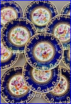 12 Antique Coalport Sevres Style Porcelain Botanical Plates Cobalt Blue Gold