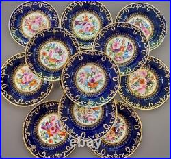 12 Antique Coalport Sevres Style Porcelain Botanical Plates Cobalt Blue Gold