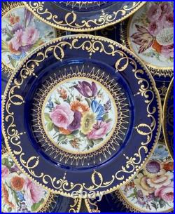 12 Antique Coalport Sevres Style Porcelain Botanical Plates Cobalt Blue Gold