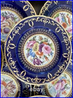 12 Antique Coalport Sevres Style Porcelain Botanical Plates Cobalt Blue Gold