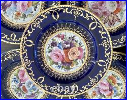 12 Antique Coalport Sevres Style Porcelain Botanical Plates Cobalt Blue Gold