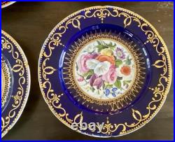 12 Antique Coalport Sevres Style Porcelain Botanical Plates Cobalt Blue Gold