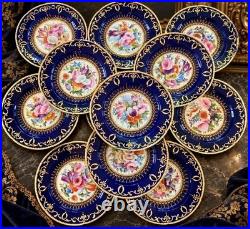 12 Antique Coalport Sevres Style Porcelain Botanical Plates Cobalt Blue Gold