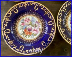 12 Antique Coalport Sevres Style Porcelain Botanical Plates Cobalt Blue Gold