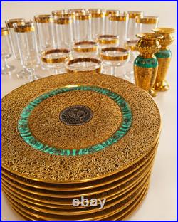 12 Bohemia Czechoslovakia 24K Incrusted Gold Platinum Dinner Plates 10 Green