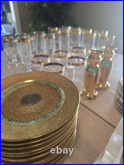 12 Bohemia Czechoslovakia 24K Incrusted Gold Platinum Dinner Plates 10 Green