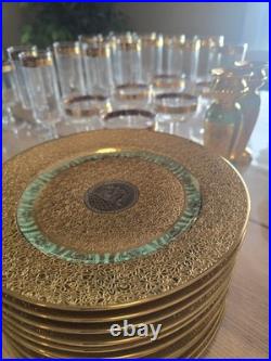 12 Bohemia Czechoslovakia 24K Incrusted Gold Platinum Dinner Plates 10 Green