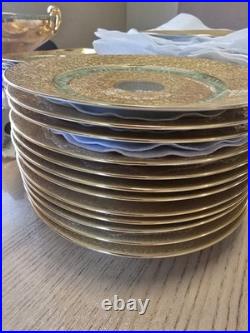 12 Bohemia Czechoslovakia 24K Incrusted Gold Platinum Dinner Plates 10 Green
