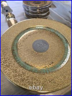 12 Bohemia Czechoslovakia 24K Incrusted Gold Platinum Dinner Plates 10 Green 12 Bohemia Czechoslovakia 24K Incrusted Gold Platinum Dinner Plates 10 Green