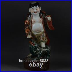 12 China Famille Rose Porcelain Pottery Liu Hai On Golden Toad Auspicious Statue