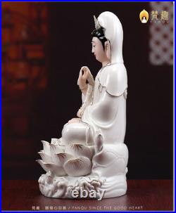 12'' Chinese Dehua white porcelain painting Gold lotus Guanyin Kwan-yin statue