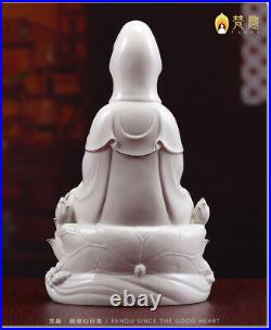 12'' Chinese Dehua white porcelain painting Gold lotus Guanyin Kwan-yin statue