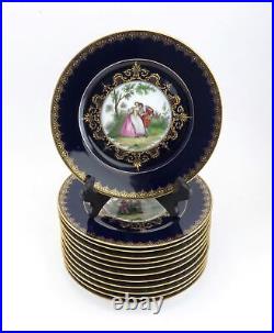12 Vintage Hutschenreuther Porcelain China Victorian Cobalt Gold Dinner Plates