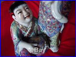 14 Jade Girl Golden Boy Children STATUE Famille Rose porcelain Chinese Republic