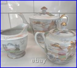 14 Piece Set Kutani China Porcelain Gold Mountain Village Pattern Hand Painted
