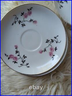 14pcs Tea Cups & Saucers Porcelain Union T Pink Rose Antique China 9X5 Gold Rim