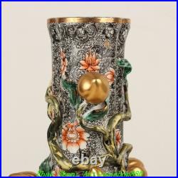 15''Qing Yongzheng Ink Color Porcelain Gold Peach Educational Bottle Vase Pair