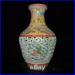 16China Enamel porcelain Old Gold Hollow Out Fish Flower Bottle Pot Vase Jar