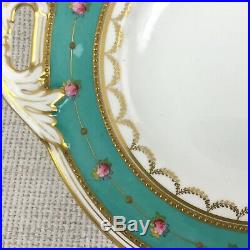 1870 Antique Porcelain Cake Plate Green Gold Encrusted Enamel Hanley China