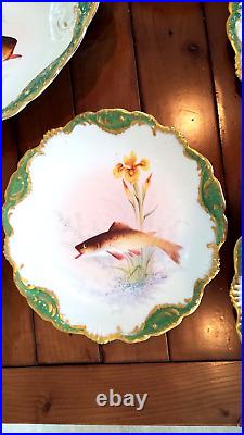1890's Limoges Porcelain FISH SERVICE 14 Piece Set Signed LS&S Limoges France