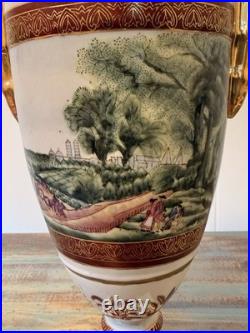18.25 Large Chinese Porcelain Urn Vase with Gilded Figural Handles Decor