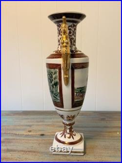 18.25 Large Chinese Porcelain Urn Vase with Gilded Figural Handles Decor