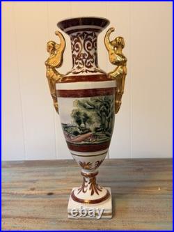 18.25 Large Chinese Porcelain Urn Vase with Gilded Figural Handles Decor