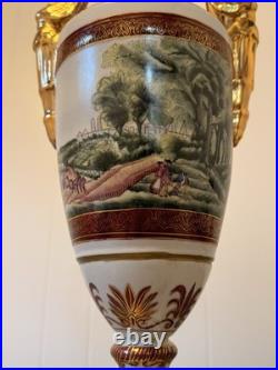 18.25 Large Chinese Porcelain Urn Vase with Gilded Figural Handles Decor