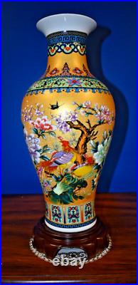 18 GOLDEN PHOENIX BIRD CHINESE JINGDEZHEN PORCELAIN VASE WithSTAND