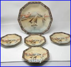 1921 Nippon Porcelain HandPaint Egyptian Revival 1 Lg & 4 Sm Bowls Camel Pyramid