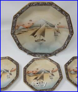 1921 Nippon Porcelain HandPaint Egyptian Revival 1 Lg & 4 Sm Bowls Camel Pyramid