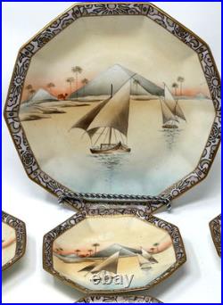 1921 Nippon Porcelain HandPaint Egyptian Revival 1 Lg & 4 Sm Bowls Camel Pyramid