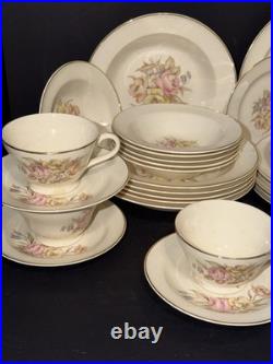 1940s Edwin M Knowles China Dinnerware Set 42 Pc Service for 6 Rose USA 22K Gold