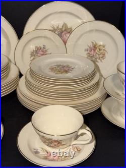 1940s Edwin M Knowles China Dinnerware Set 42 Pc Service for 6 Rose USA 22K Gold