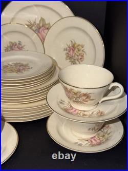1940s Edwin M Knowles China Dinnerware Set 42 Pc Service for 6 Rose USA 22K Gold