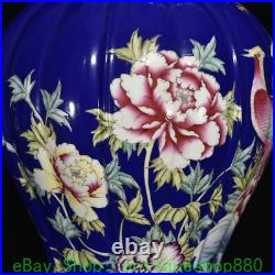 20.8 Yongzheng Blue Glaze Famille Rose Porcelain Gold Flower Bird Bottle Pair