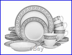 20 Piece Platinum Greek Key Bone China Dinner Serving Dish Set for 4 White