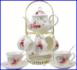 20-Pieces Porcelain Bone China Tea Sets, Gold Rim Coffee Set with Golden Metal Ra