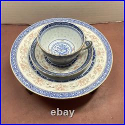 20 piece Vtg Blue & Peach China Chinese Dragon & Rice Grain Porcelain Gold Trim