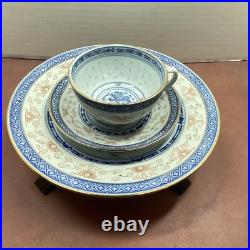 20 piece Vtg Blue & Peach China Chinese Dragon & Rice Grain Porcelain Gold Trim