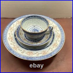 20 piece Vtg Blue & Peach China Chinese Dragon & Rice Grain Porcelain Gold Trim